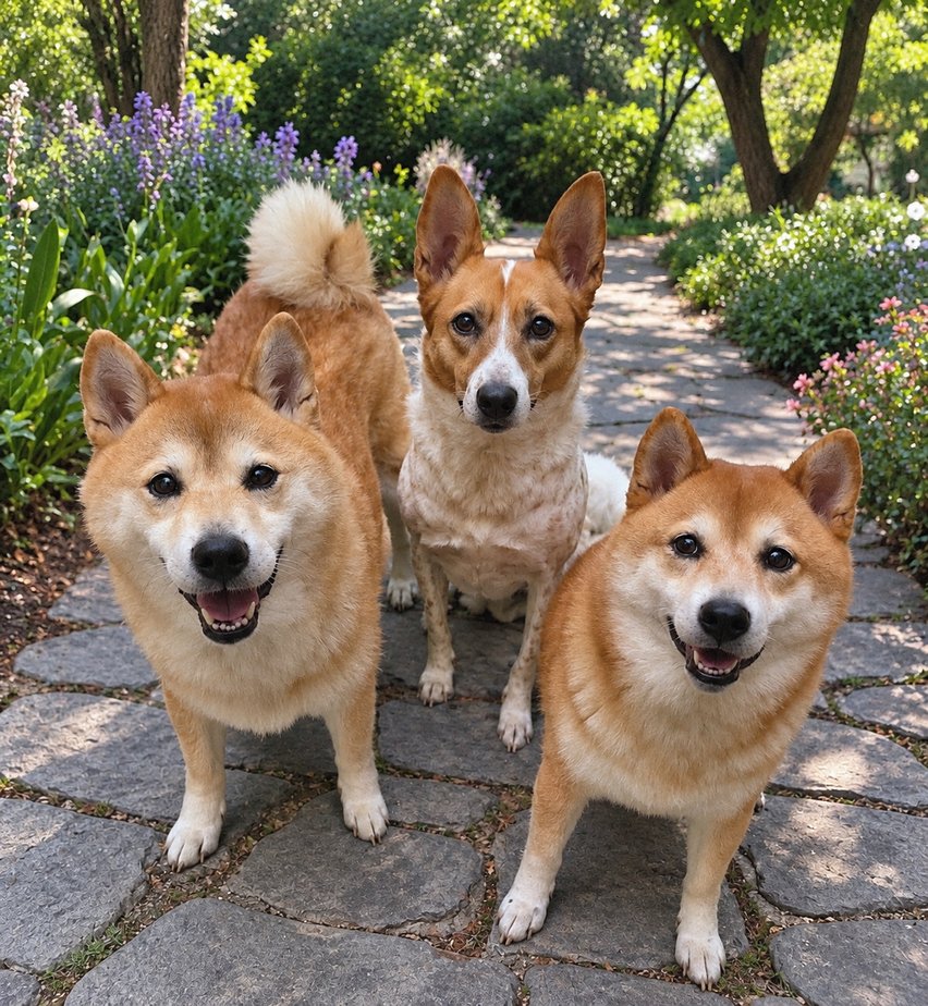 Gido, Mochi, and Pancake together on a garden path