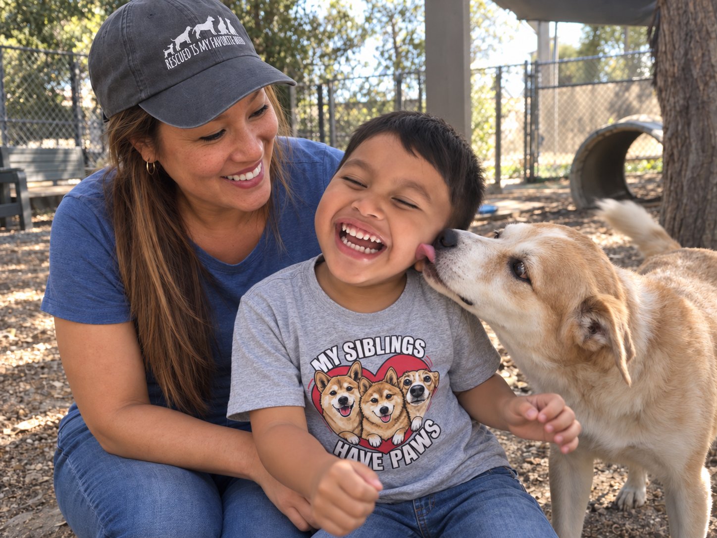Krystian laughing beside Gina while a shelter dog nuzzles his cheek