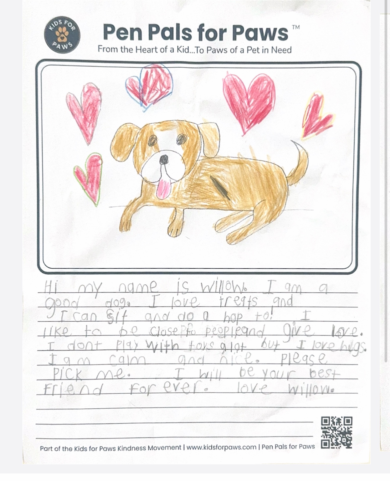 A Pen Pals for Paws letter and drawing for Willow