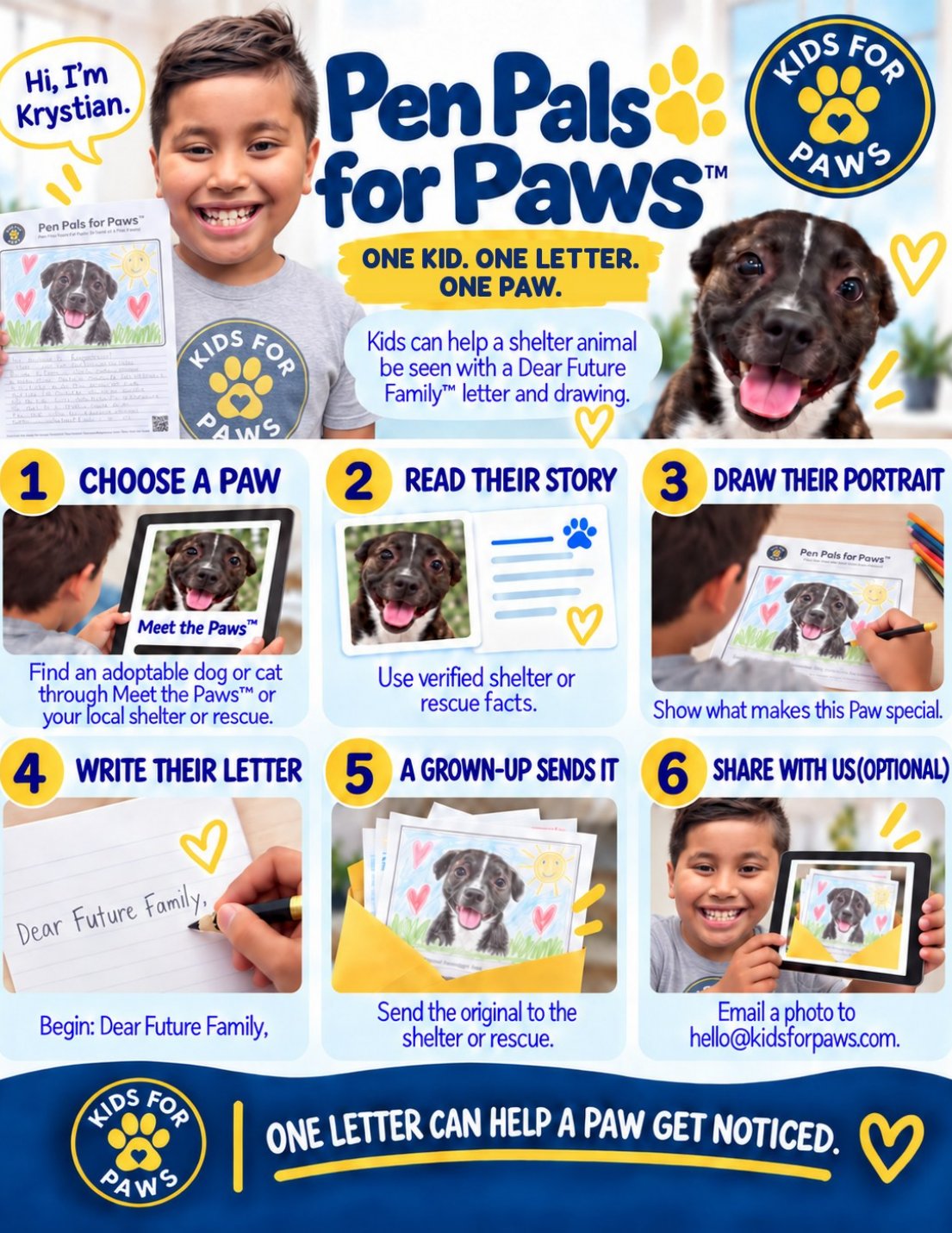 Pen Pals for Paws steps: choose a Paw, read their story, draw their portrait, write their letter, a grown-up sends it, share with us.