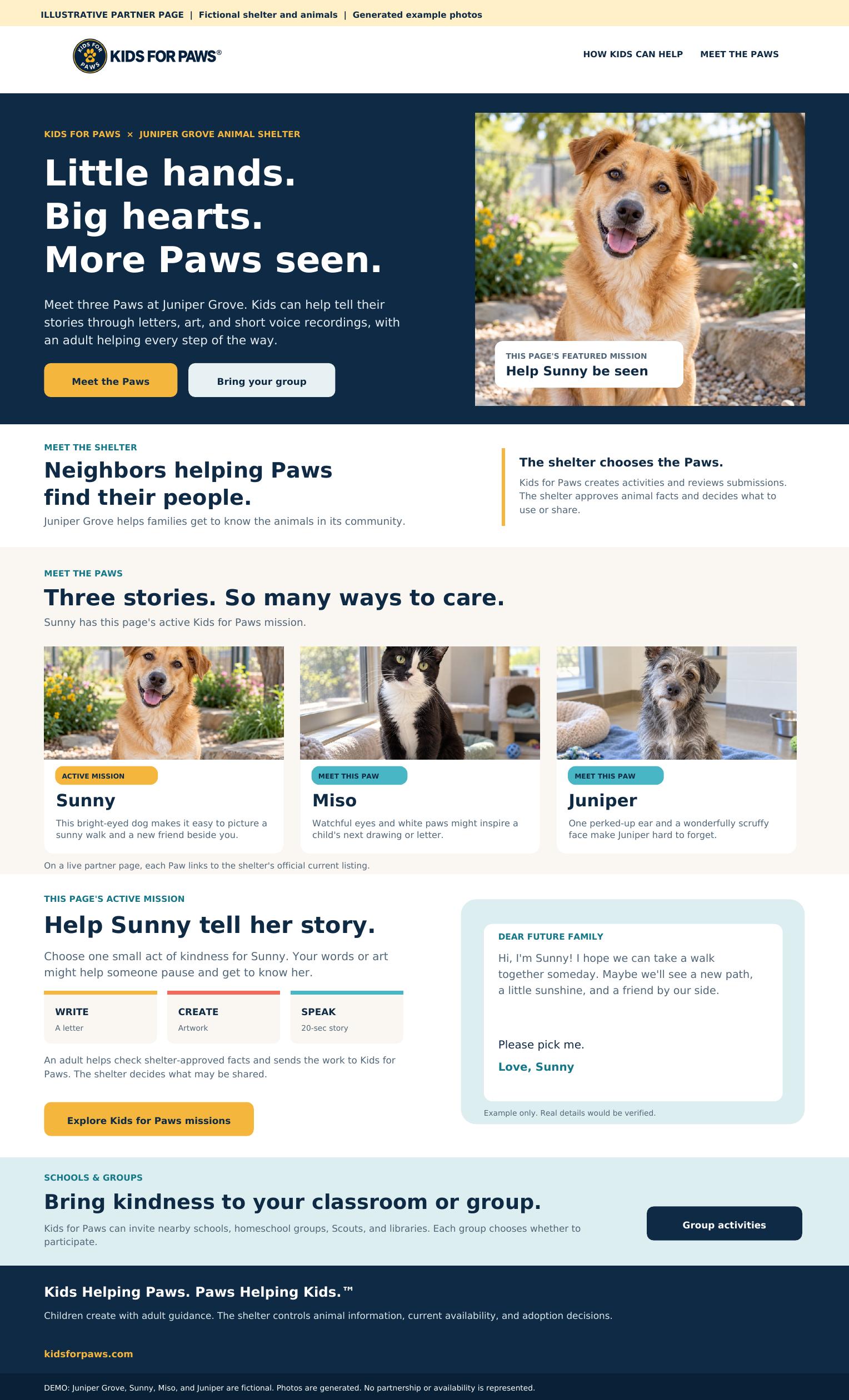 Example Kids for Paws partner page showing a fictional shelter and animals